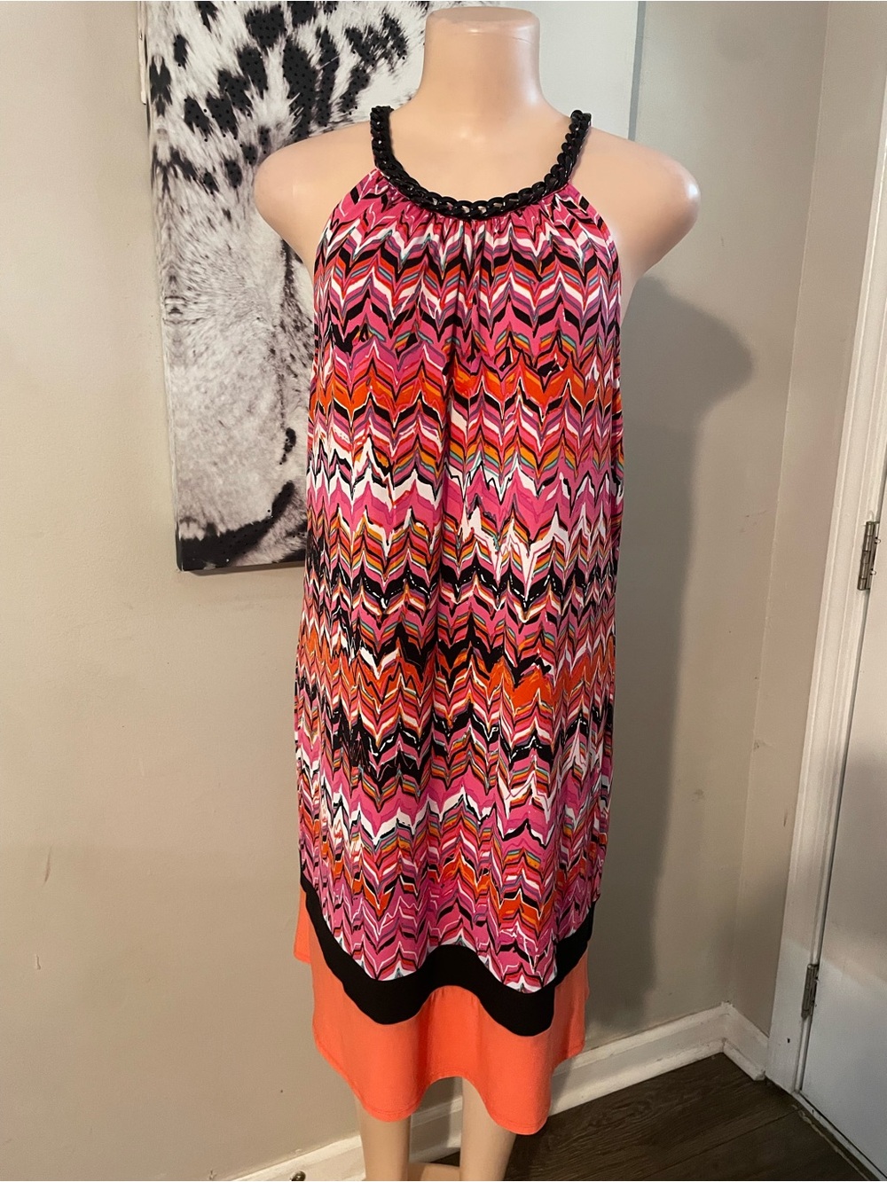 MSK vertical chevron zigzag Halter Shift stretch comfort Dress braided neck XL